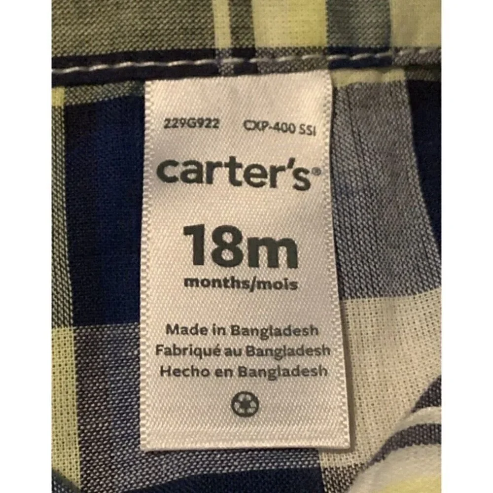 Carters Boys Plaid Dress Shirt Toddler Size 18M Short Sleeve Blue Turtle